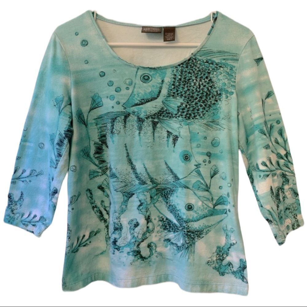 😊 3/$30 Chico’s Additions Sz 1 (Medium) women’s top 3/4th sleeves w/Caribbean